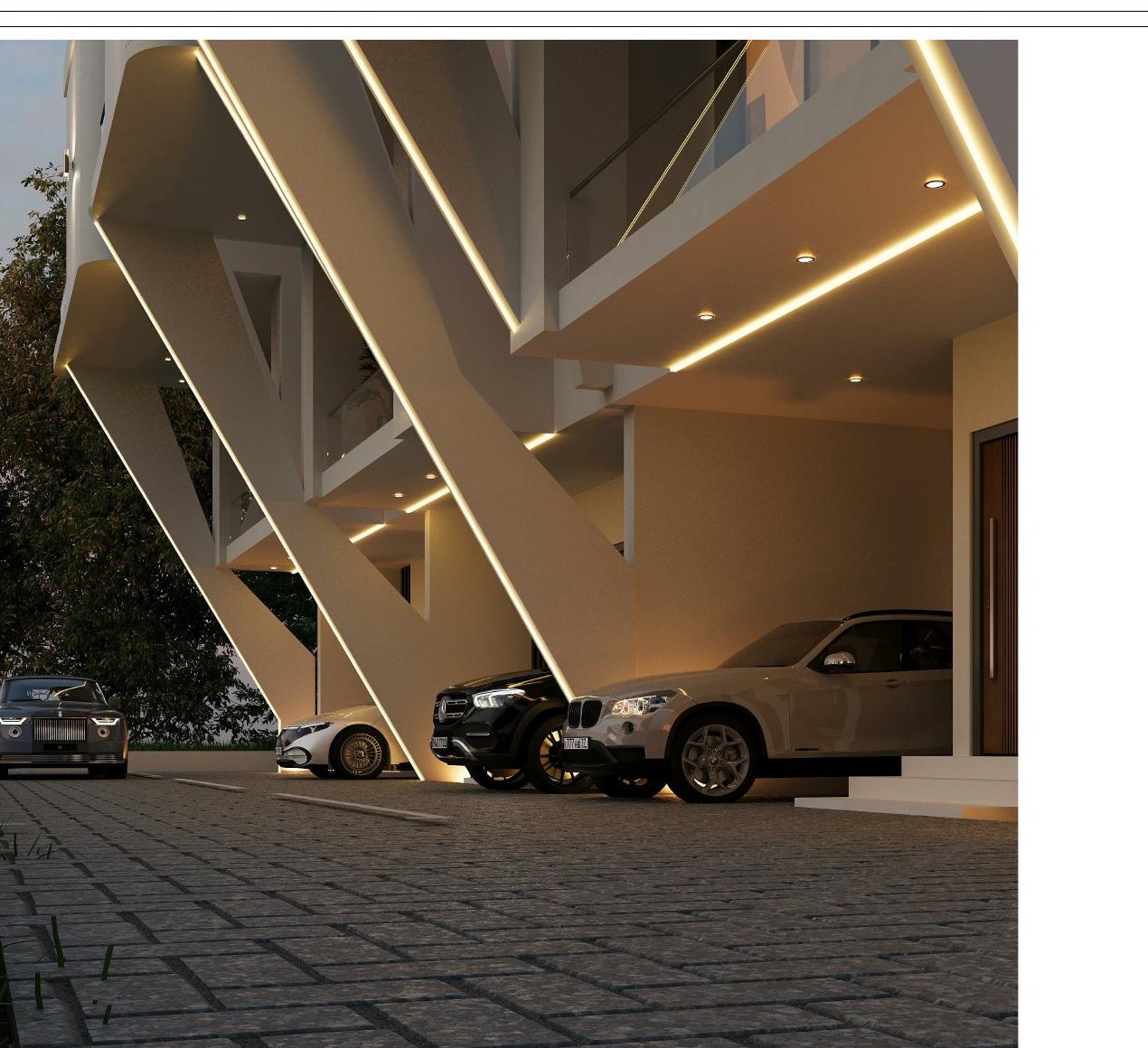 Close-up of Helios Grove's signature illuminated diagonal columns