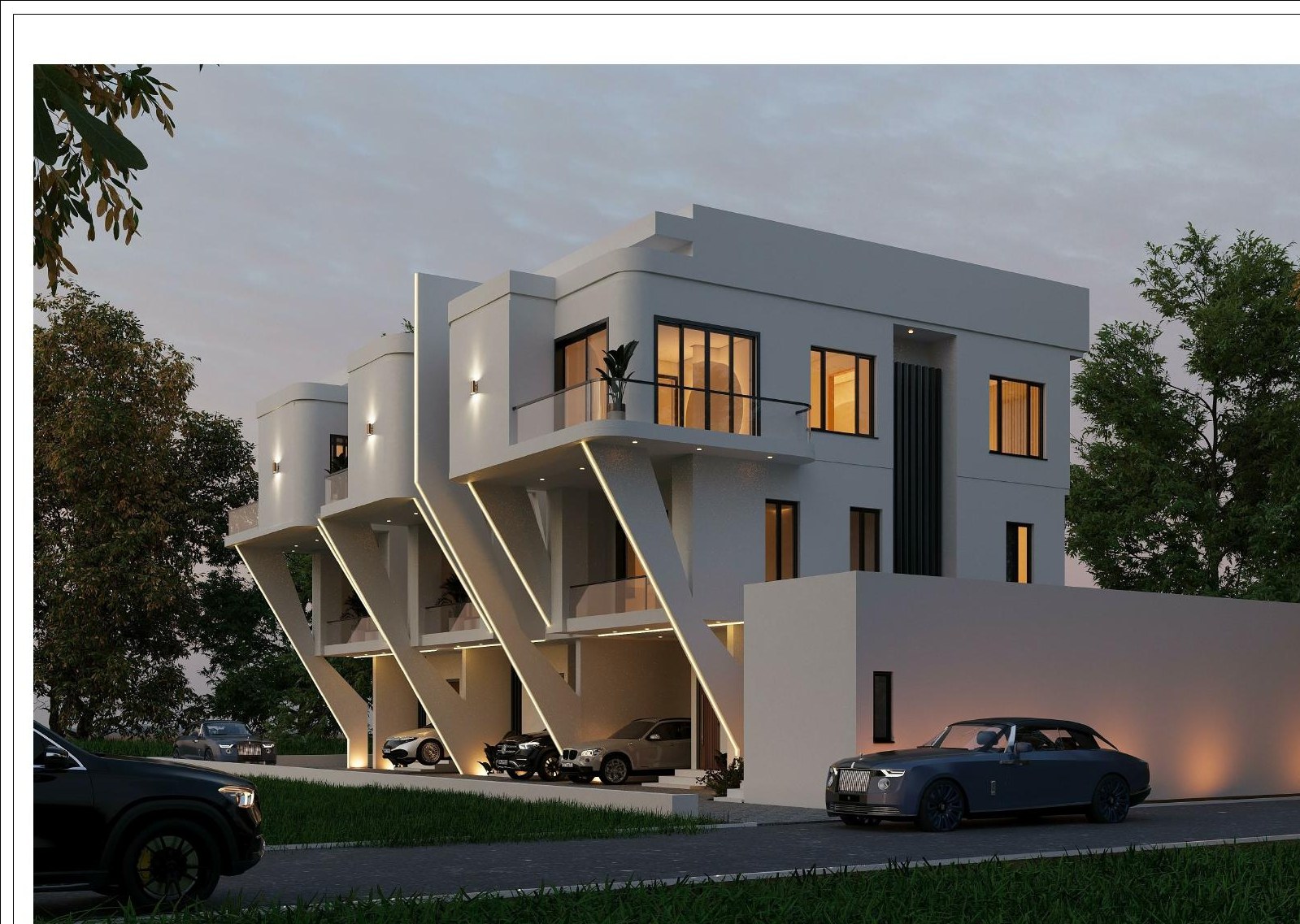 Three-quarter front perspective at dusk